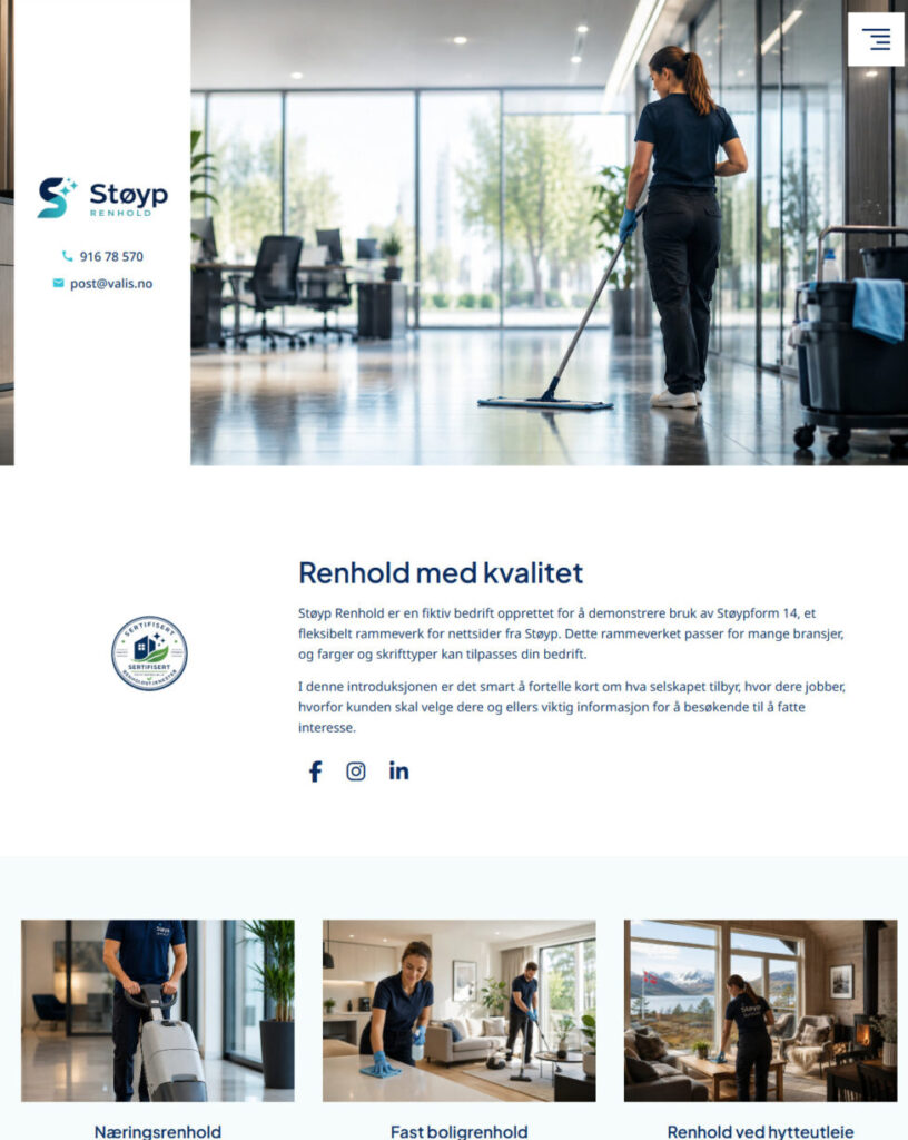 Mockup av nettsidemal for renholdsbedrift