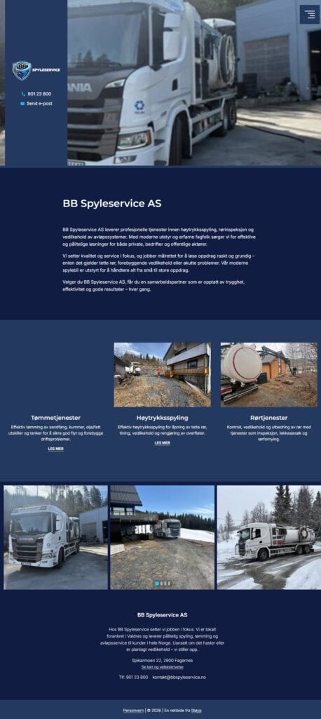 Mockup av nettside som har brukt rimelig rammeverk for nettsiden, BB Spyleservice AS