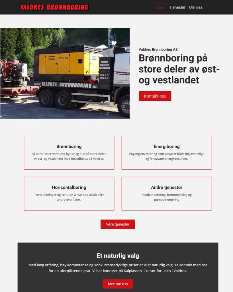 Mockup av referansenettside, Valdres Brønnboring